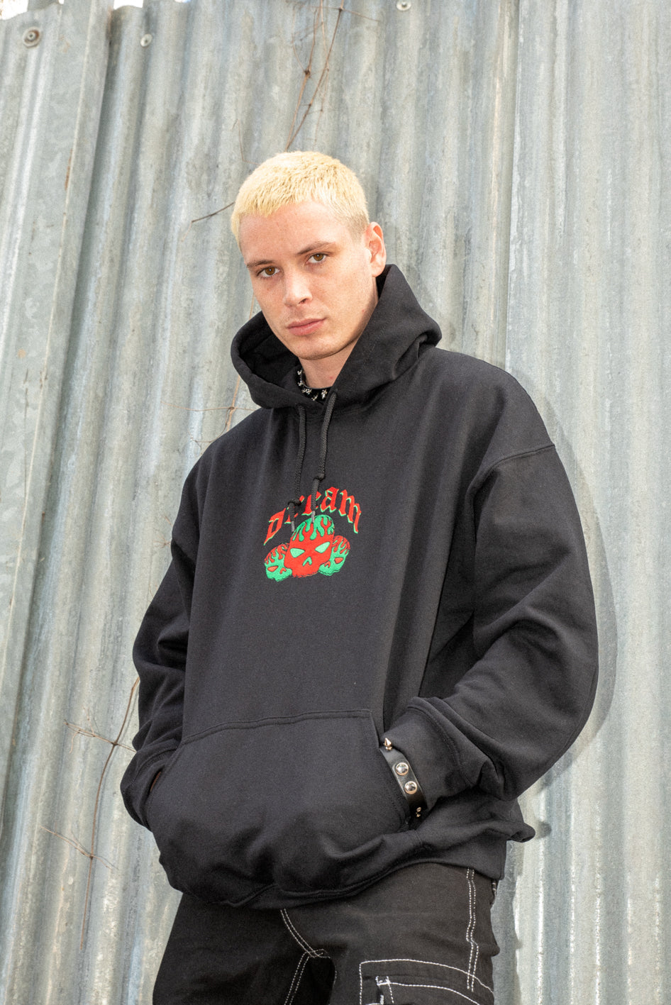 Hoodie in Black With Flaming Skull Embroidery-2