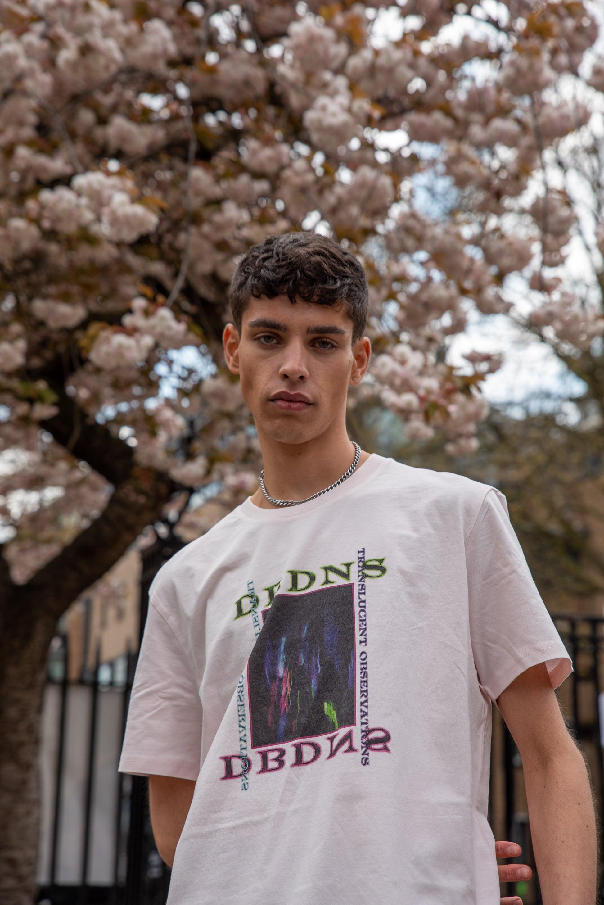 Short Sleeved T-shirt in Candy Pink With Translucent Observations Print-1