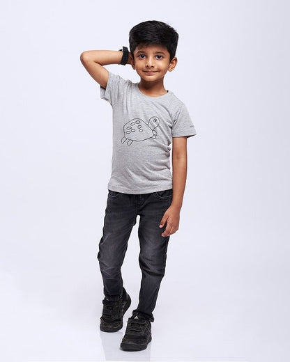 AirGarb kids' grey cotton round neck t-shirt with a cute drawn tortoise design.