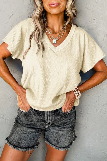 Crinkled V-Neck Wide Sleeve T-shirt-5