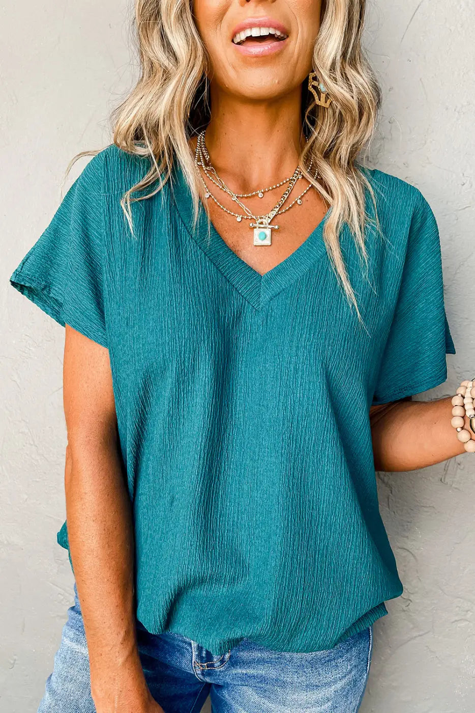 Crinkled V-Neck Wide Sleeve T-shirt-7