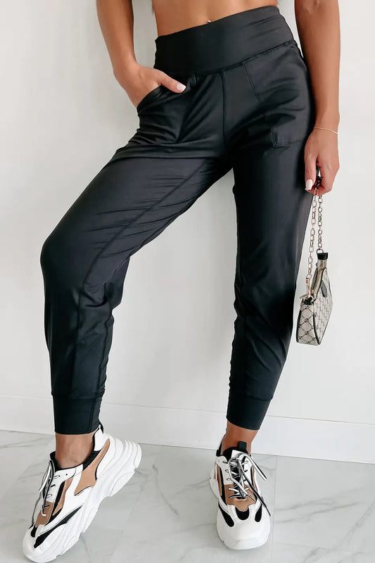 Black Exposed Seam High Waist Joggers-0