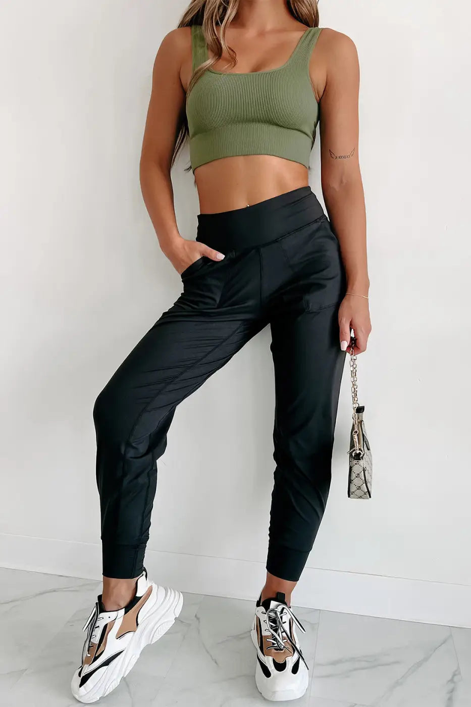 Black Exposed Seam High Waist Joggers-4