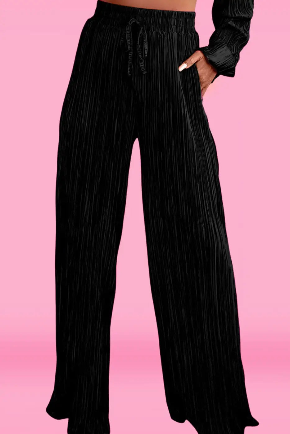 Black Pleated Long Sleeve Shirt and Wide-Leg Pants Set-1