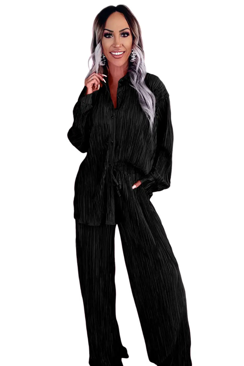 Black Pleated Long Sleeve Shirt and Wide-Leg Pants Set-4