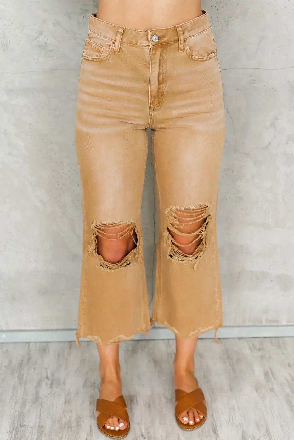 Brown Distressed Hollow-out Cropped Flare Jeans-3