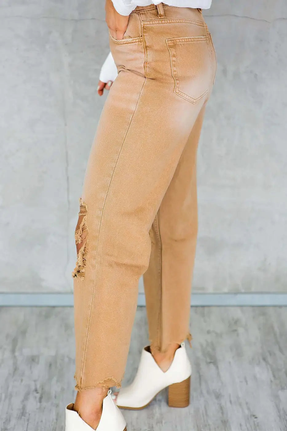 Brown Distressed Hollow-out Cropped Flare Jeans-1