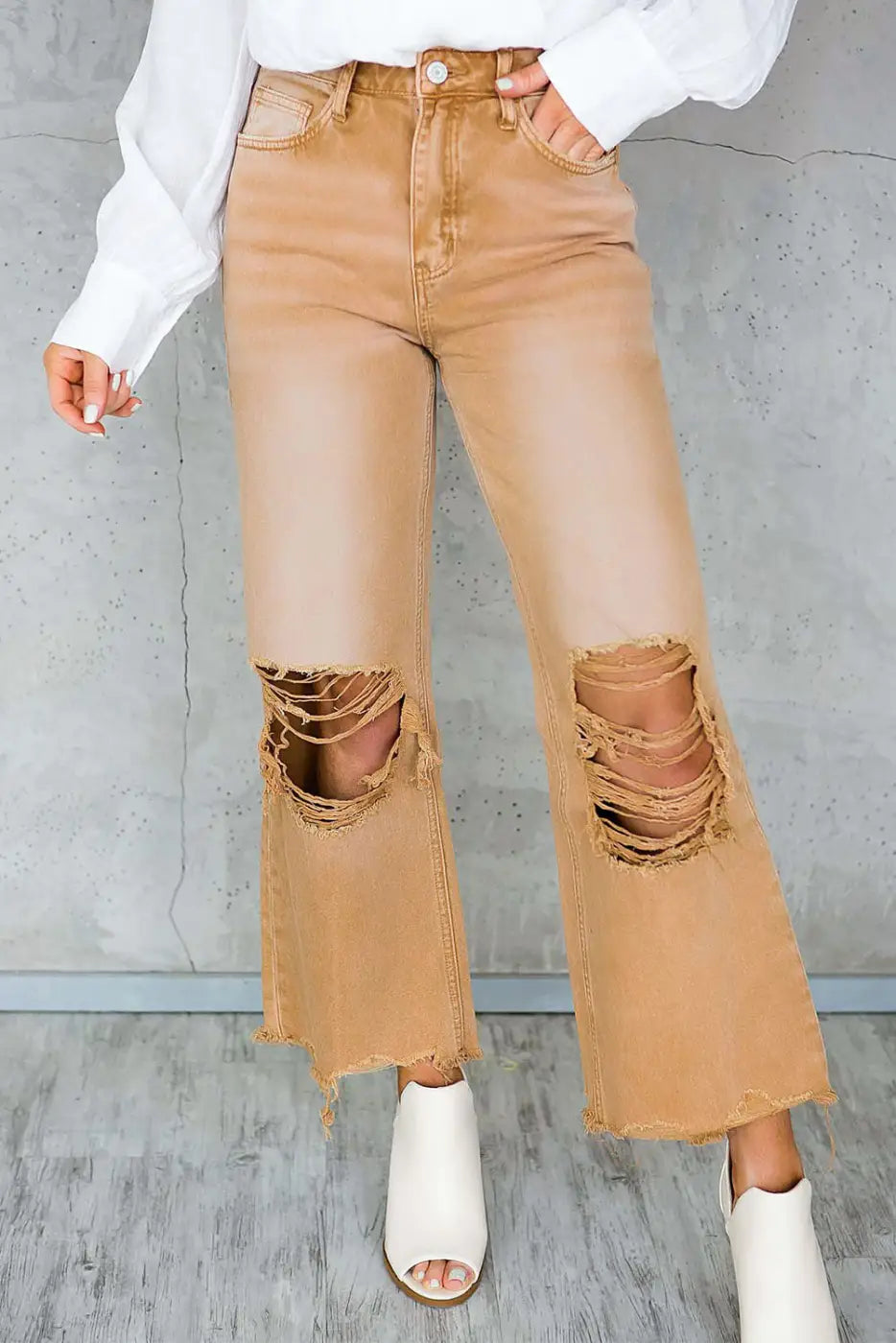 Brown Distressed Hollow-out Cropped Flare Jeans-0