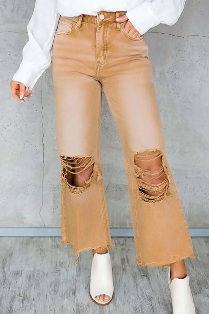 Brown Distressed Hollow-out Cropped Flare Jeans-0