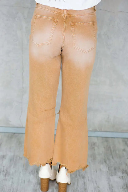 Brown Distressed Hollow-out Cropped Flare Jeans-4