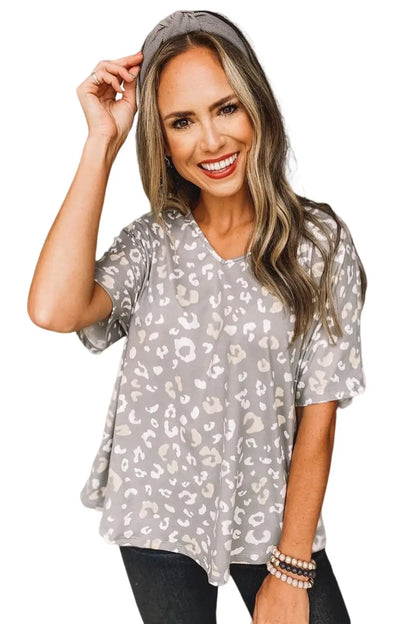 Gray Leopard Spots Print Loose T Shirt-3