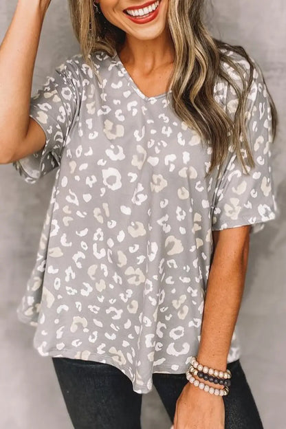 Gray Leopard Spots Print Loose T Shirt-0