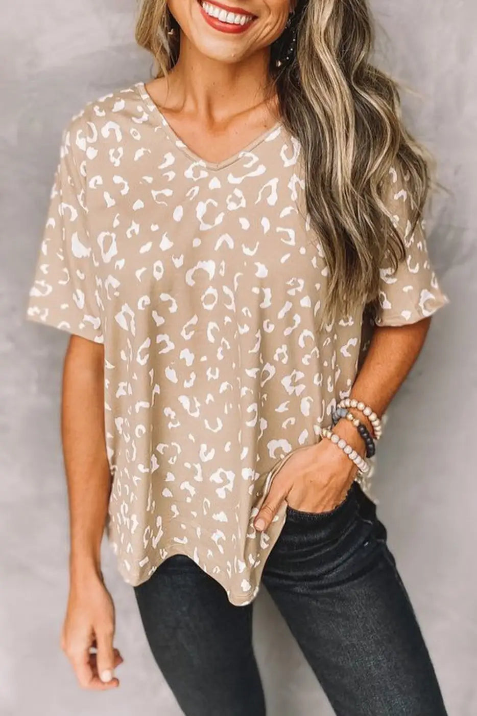 Gray Leopard Spots Print Loose T Shirt-4