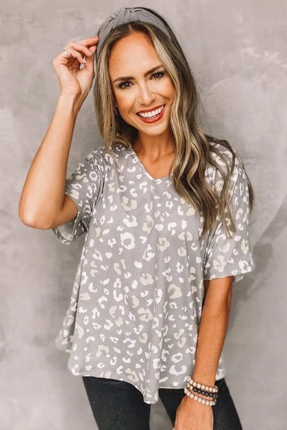 Gray Leopard Spots Print Loose T Shirt-1