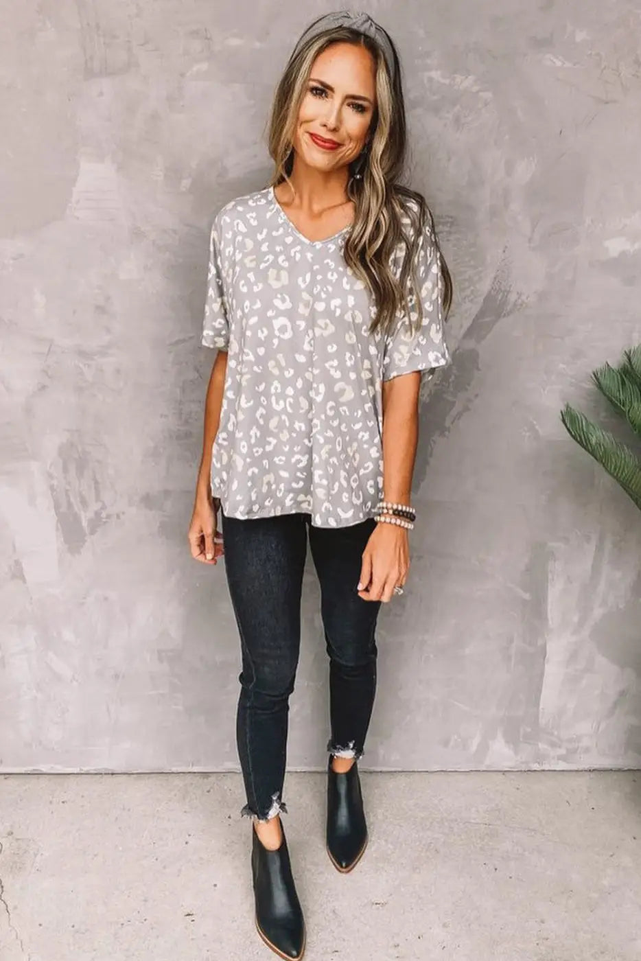 Gray Leopard Spots Print Loose T Shirt-2