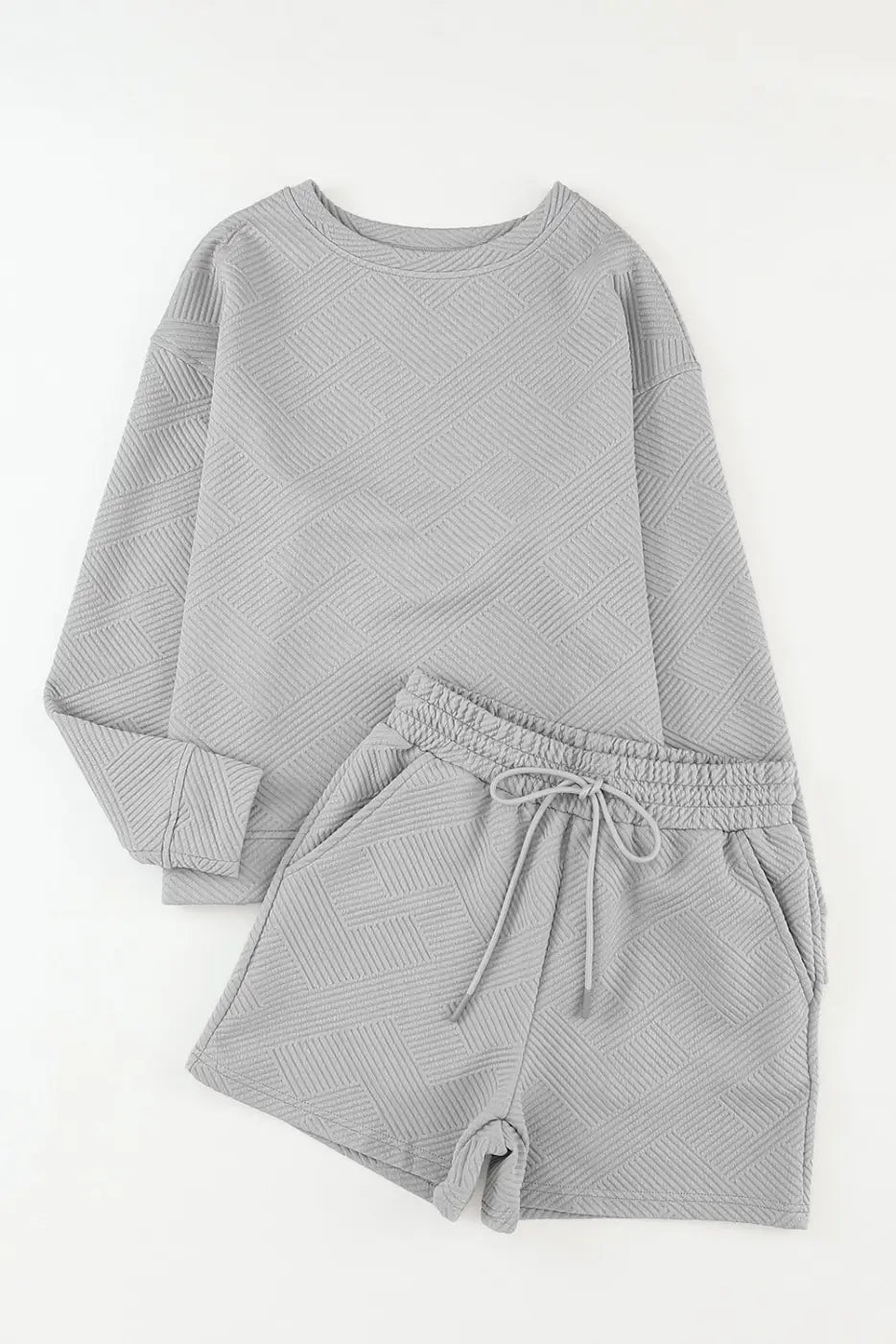 Gray Textured Long Sleeve Top and Drawstring Shorts Set-3