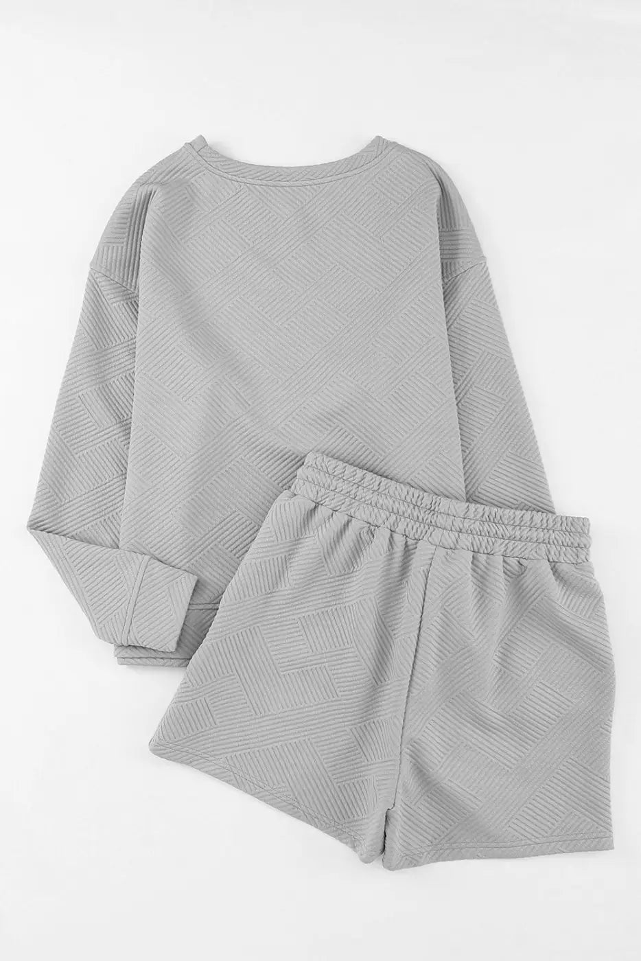 Gray Textured Long Sleeve Top and Drawstring Shorts Set-4