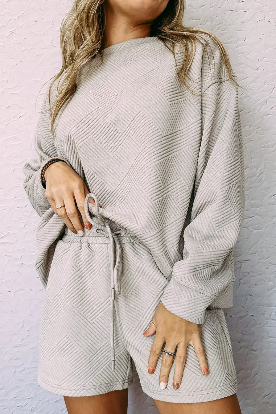 Gray Textured Long Sleeve Top and Drawstring Shorts Set-0