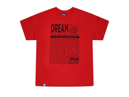 Red Short Sleeved T-shirt With Dream Globe Rave Flyer Graphic-3