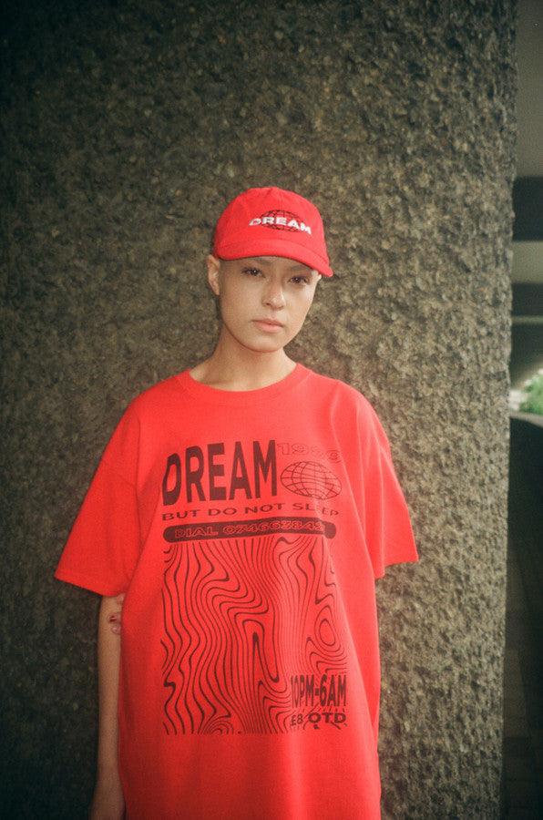 Red Short Sleeved T-shirt With Dream Globe Rave Flyer Graphic-2