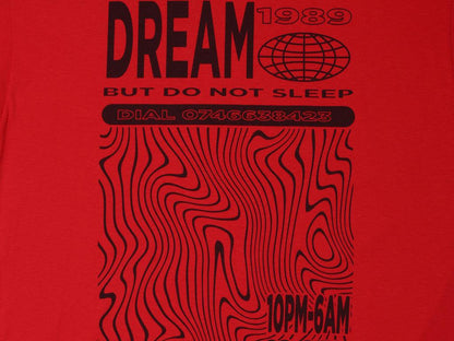 Red Short Sleeved T-shirt With Dream Globe Rave Flyer Graphic-4