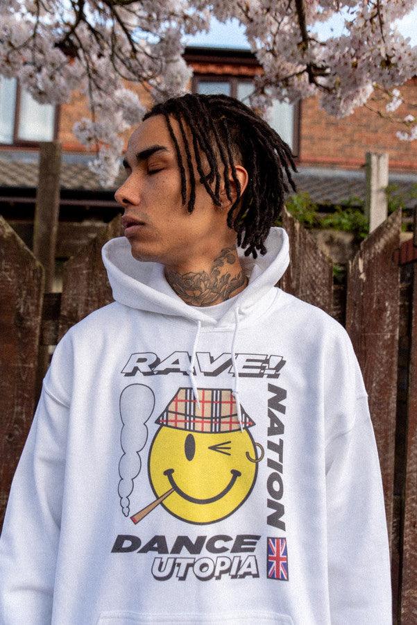 Heavyweight Hoodie in White With Rave Nation Print-0