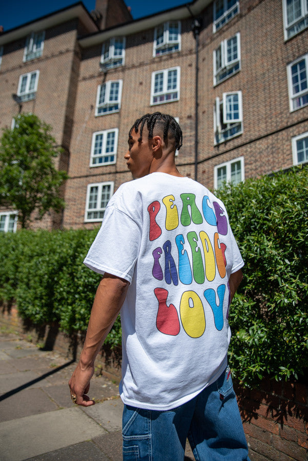 Short Sleeved T-shirt in White with Peace, Love and Freedom-0