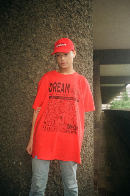 Red Short Sleeved T-shirt With Dream Globe Rave Flyer Graphic-1