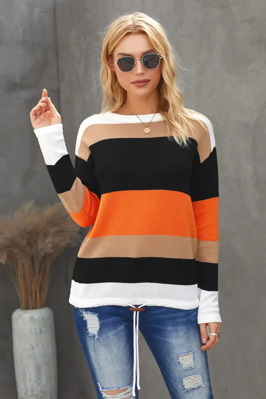 Orange Colorblock Knit Sweater-3