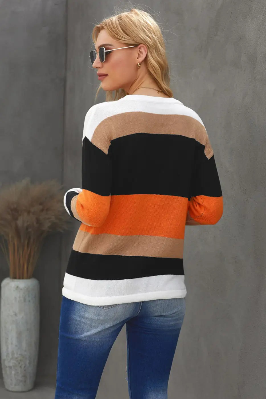 Orange Colorblock Knit Sweater-2