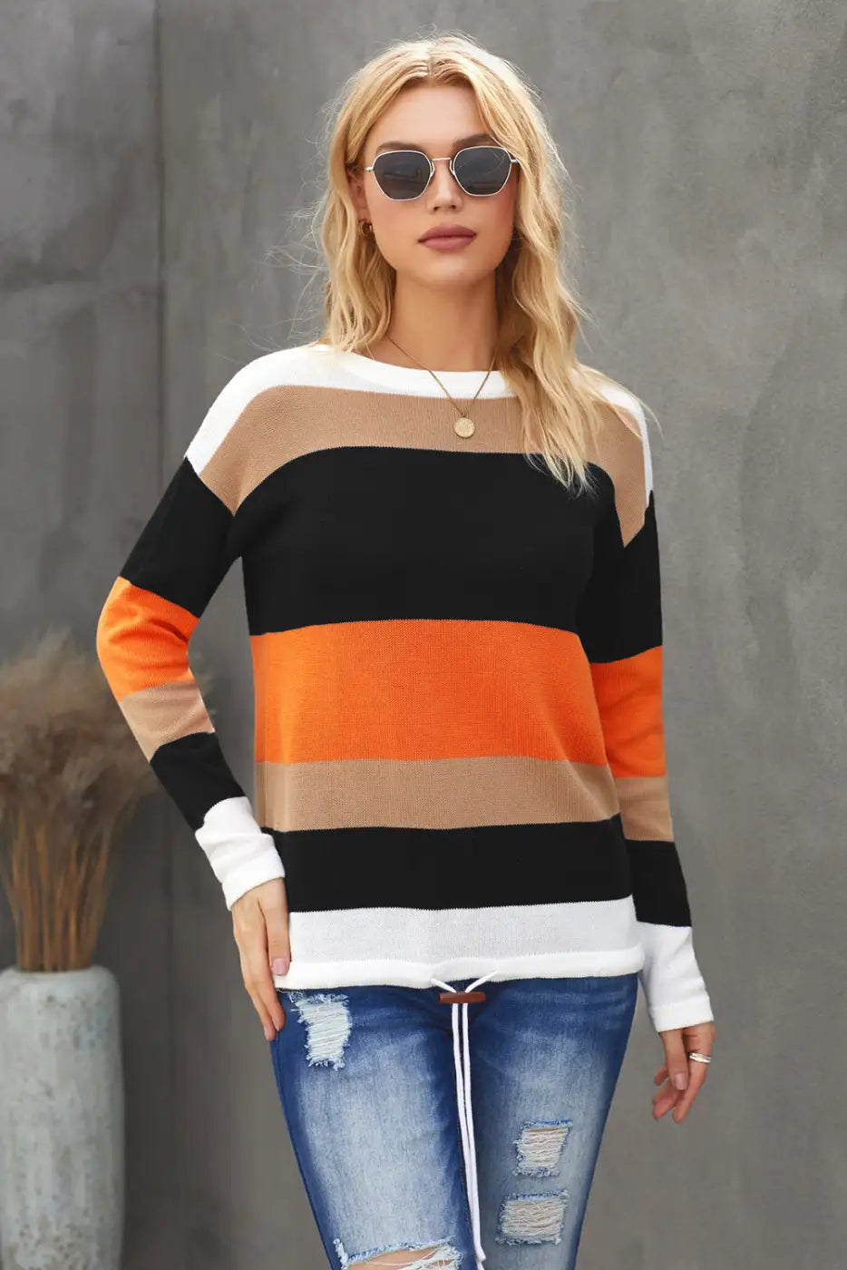 Orange Colorblock Knit Sweater-4