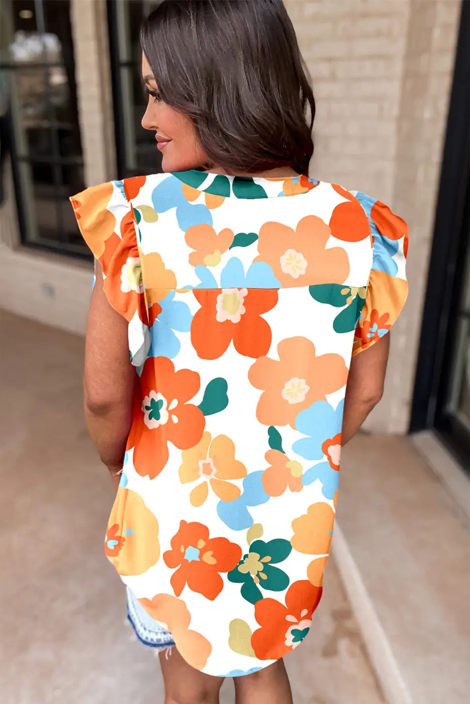 Orange Floral Notched Blouse-1