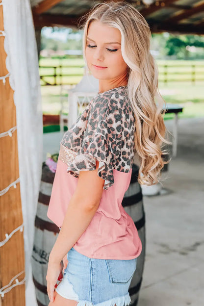 Pink Leopard Sequin Patchwork Top-2