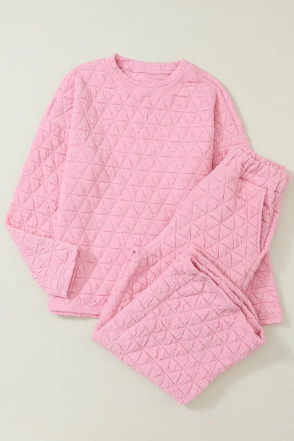 Pink Solid Quilted Pullover and Pants Outfit-5