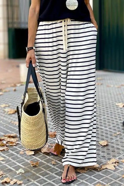 White Drawstring Striped Wide Leg Pants-0