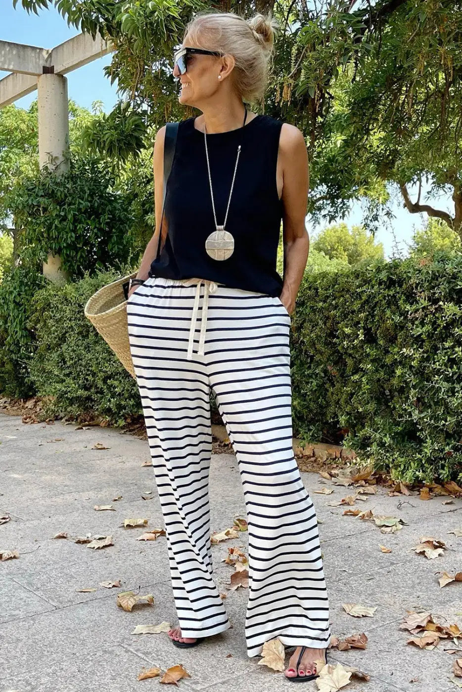 White Drawstring Striped Wide Leg Pants-2