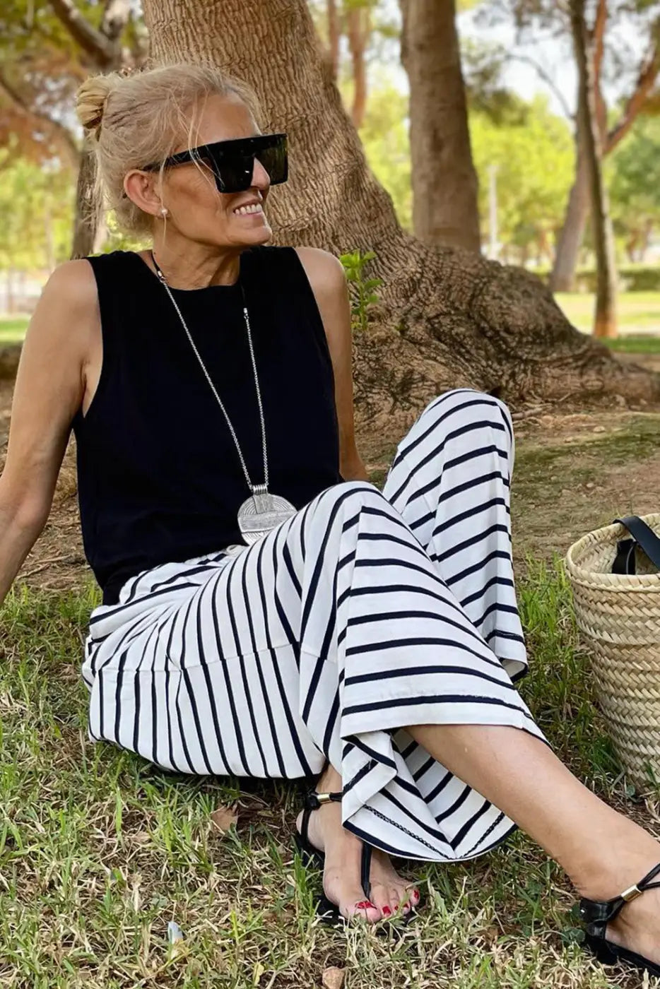 White Drawstring Striped Wide Leg Pants-4