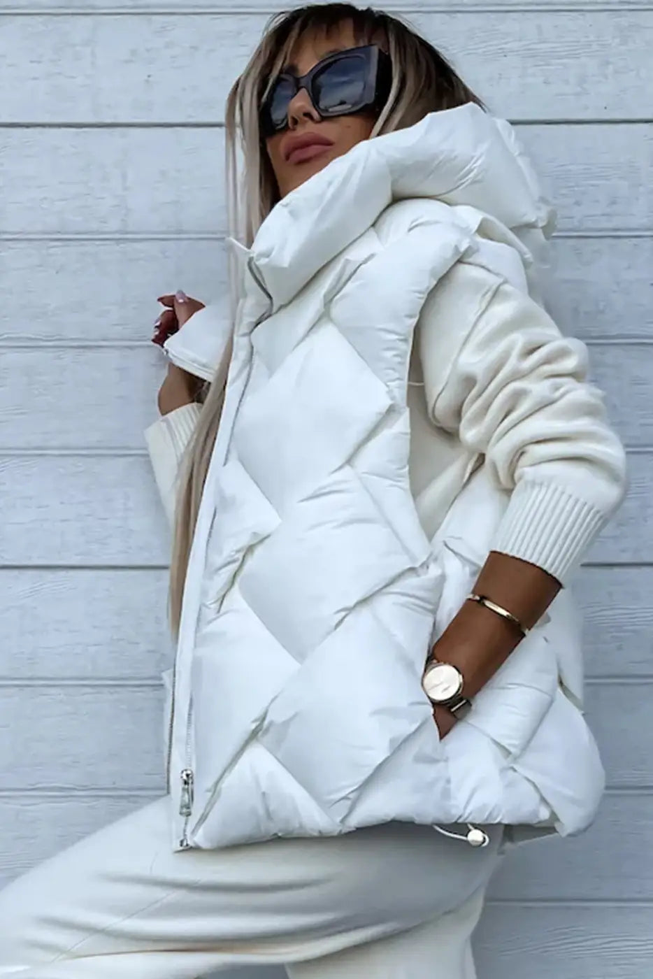 White Quilted Zipper Front Hooded Vest Coat-2