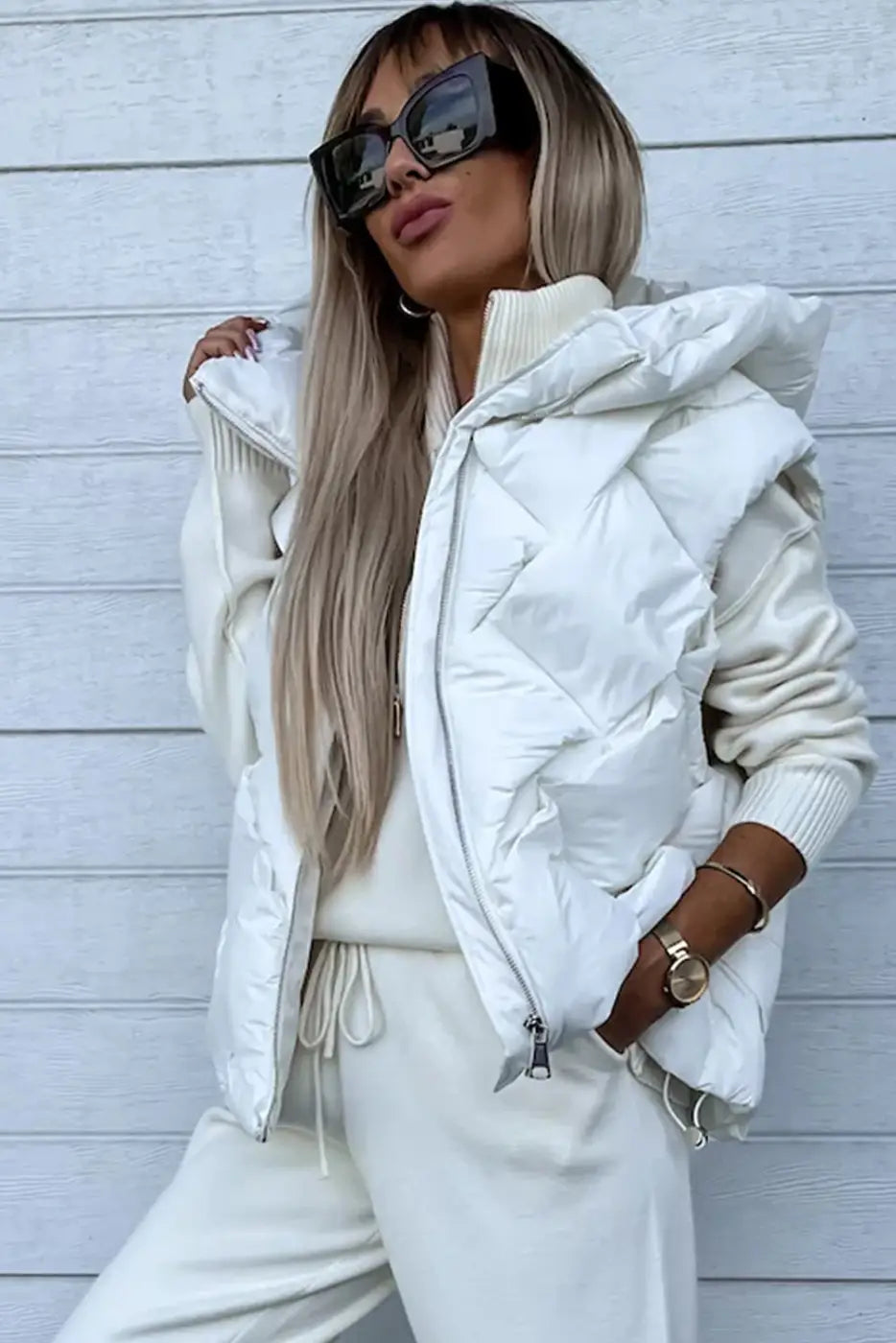 White Quilted Zipper Front Hooded Vest Coat-3