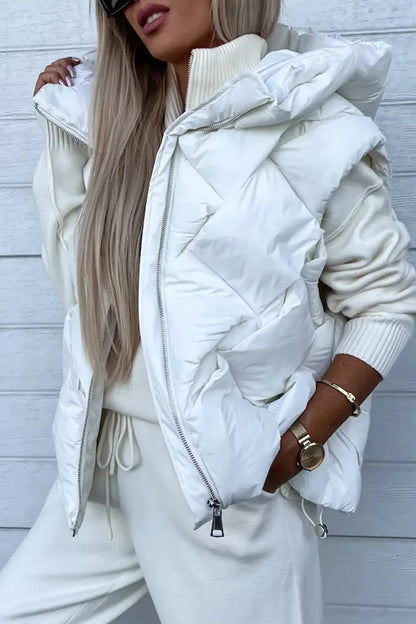 White Quilted Zipper Front Hooded Vest Coat-0