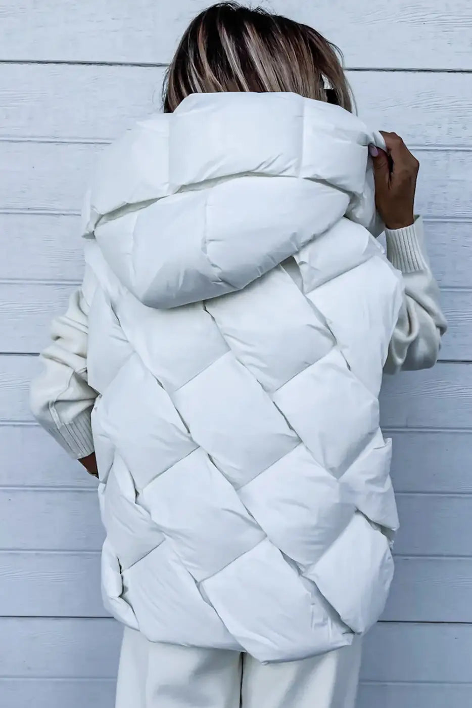 White Quilted Zipper Front Hooded Vest Coat-1