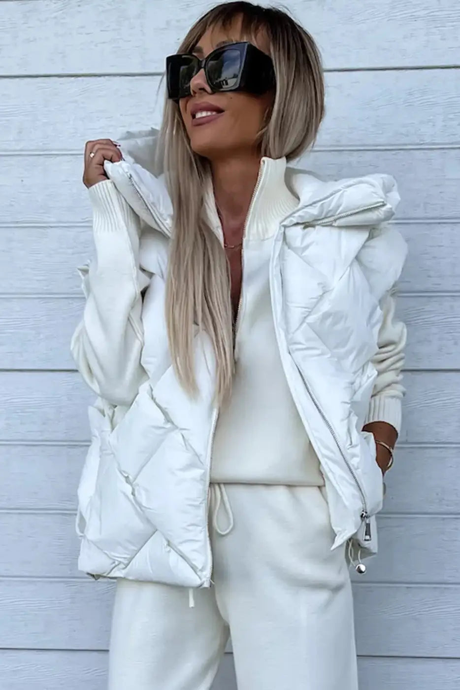 White Quilted Zipper Front Hooded Vest Coat-4